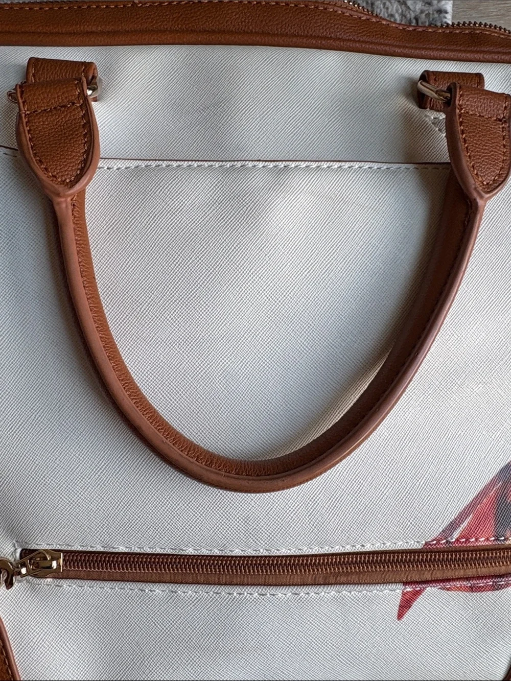 Desigual White Laptop Bag with Multicolor Brushstroke Design and Brown Trim